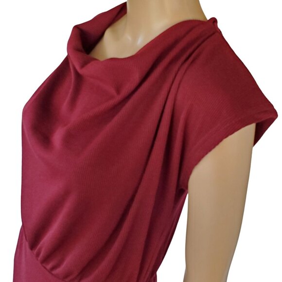 Women's L Midi Dress Sleeveless Cowl Neck Knit Stretch Maroon Red Elastic Waist - Picture 4 of 13